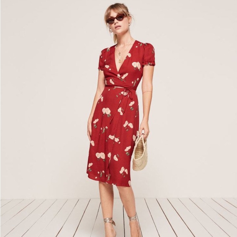 Reformation Red Floral Wrap Dress